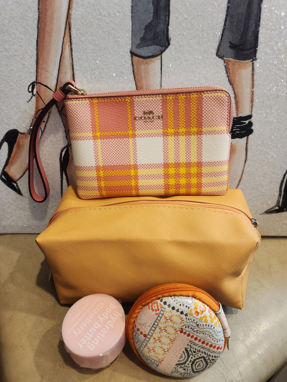 Coach Plaid Zip Pouch in Coral, Yellow and White - Picture 3 of 14